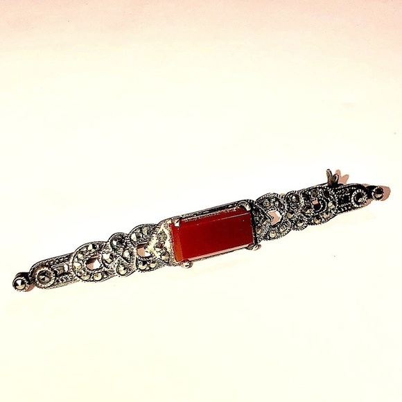 VTG Art Deco Sterling Carnelian & Marcasite Brooch Pin 2.5” - Picture 2 of 6